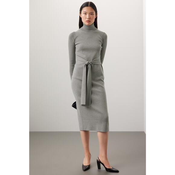 Toccin Gray Knit Tie Front Turtleneck Long Sleeve Sweater Midi Dress Sz M - Picture 1 of 15